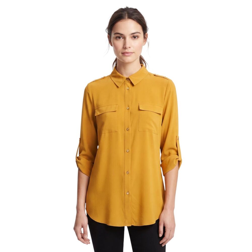 Grace The Perfect Fit Mustard Roll-Tab Sleeve Button-Up Shirt